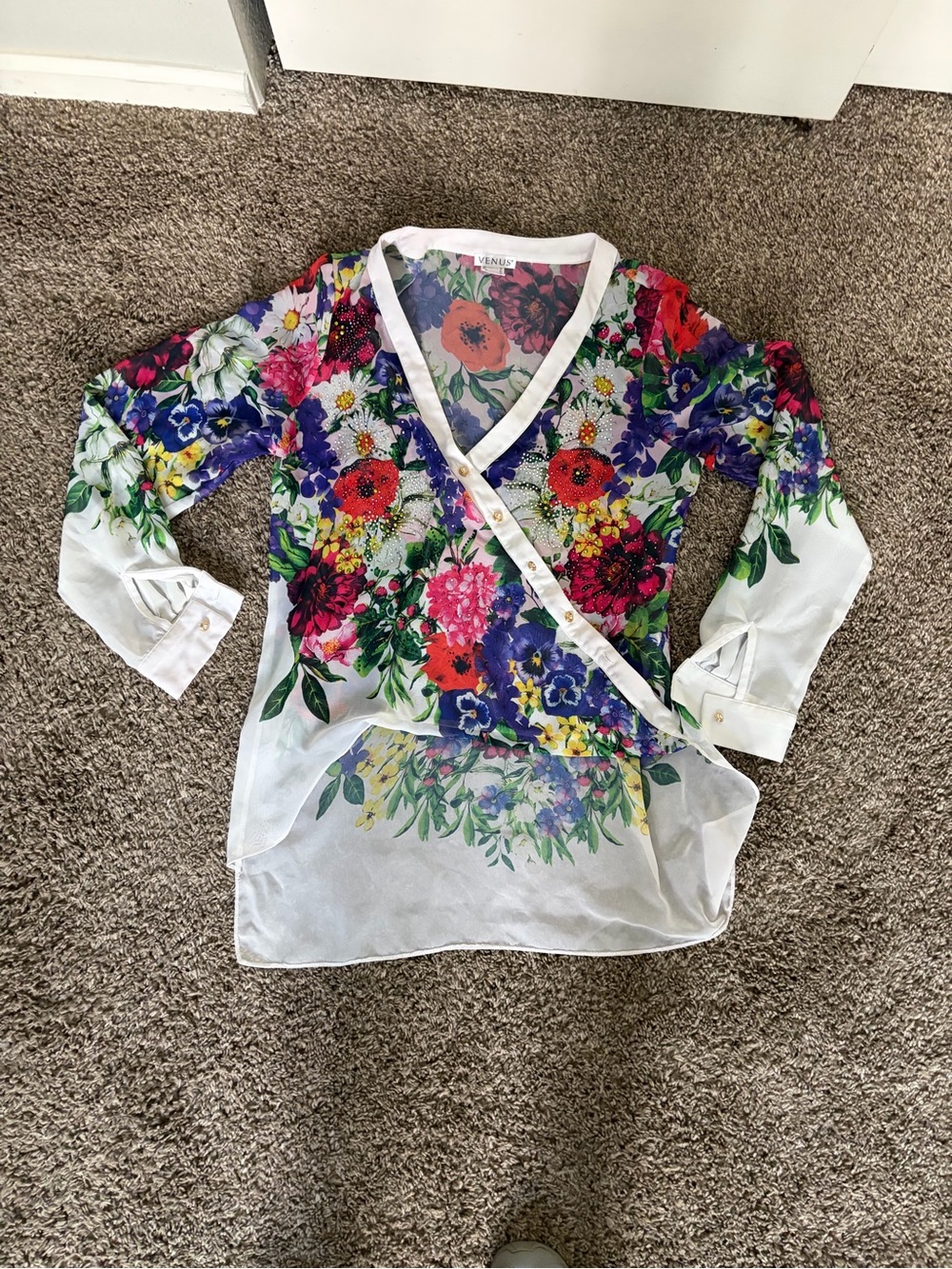 VENUS Girls Floral Wrap Blouse in White with Red, Purple, Yellow & Green